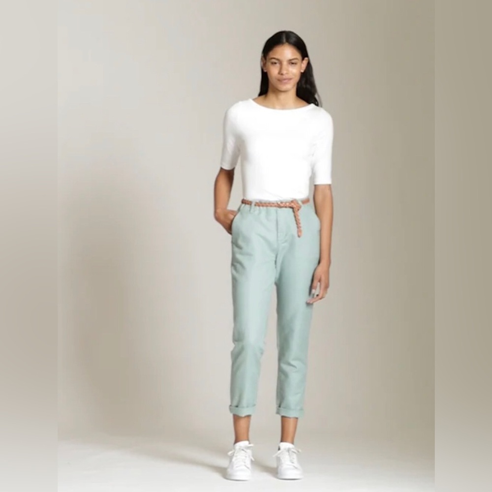 GAP Girlfriend Embroidered Stripe Linen/Cotton Chino in Sage Size 8 Tall
